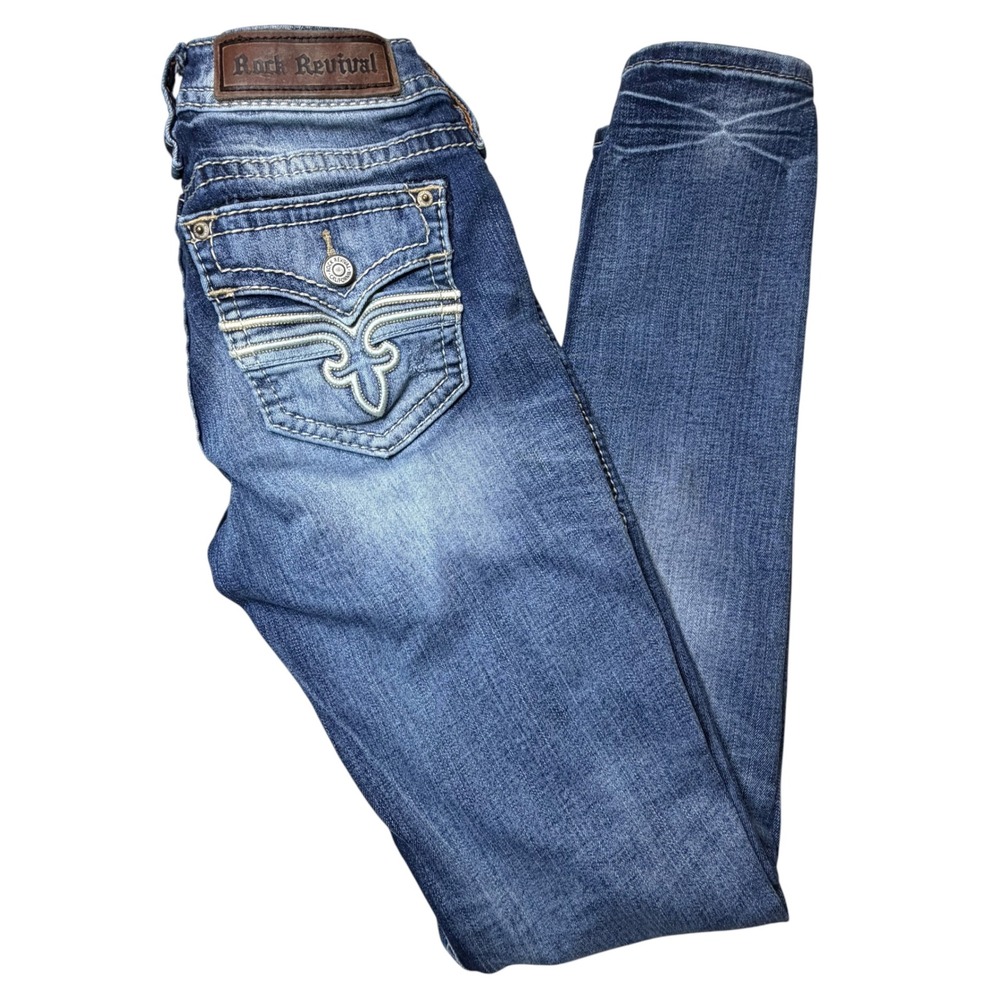 Rock Revival Alaina Skinny Jeans Women's 28 L31 Blue Distressed Fleur-de-Lis - Picture 3 of 5